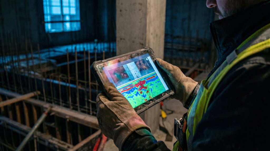 Structural analysis: Engineer holding tablet displaying ground penetrating radar data at construction site, advanced surveying technology.